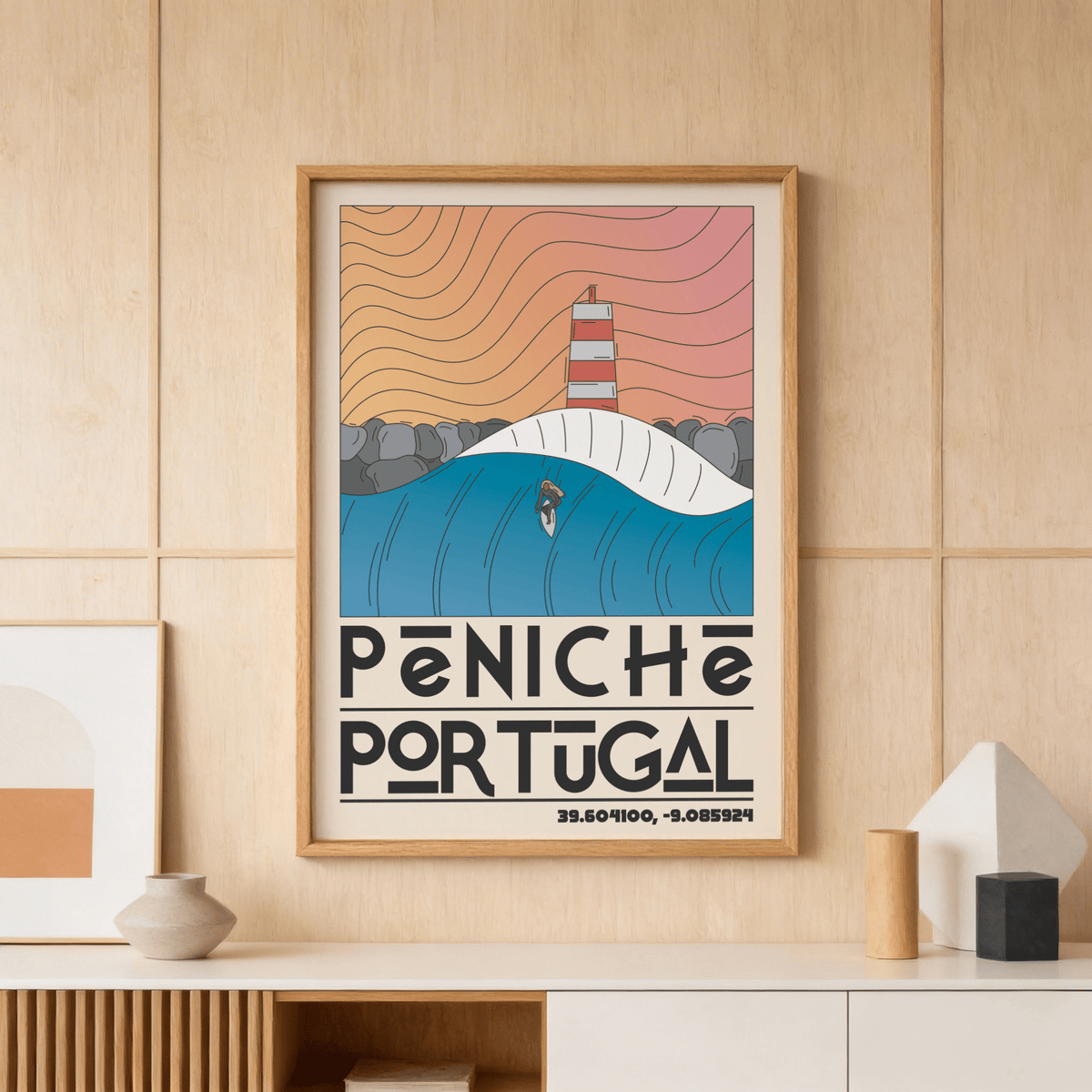 Peniche Portugal Wall Art illustration showing mirrored monument and water