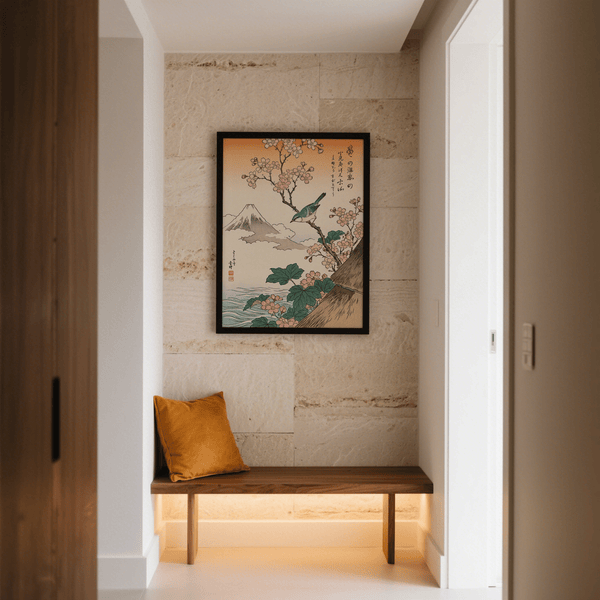 Japanese Cherry Blossom Art vibrant bluebird and beige elements for dining room art print