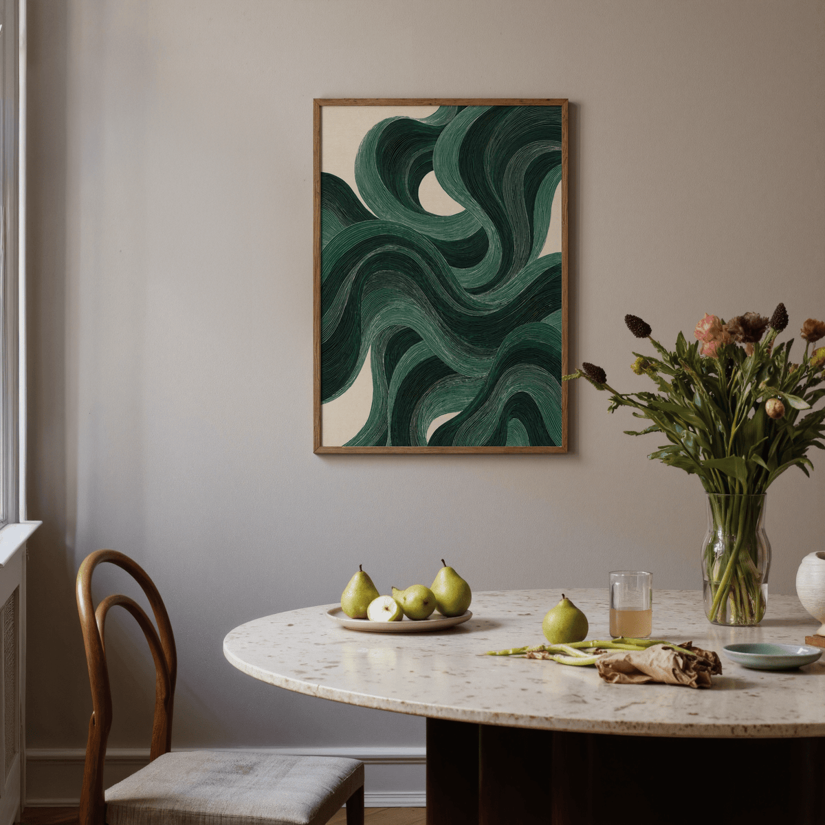 Modern Swirl Poster art print in green and beige for creative studio