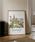 Travel poster of Warsaw featuring balcony flower boxes and layered rooftops