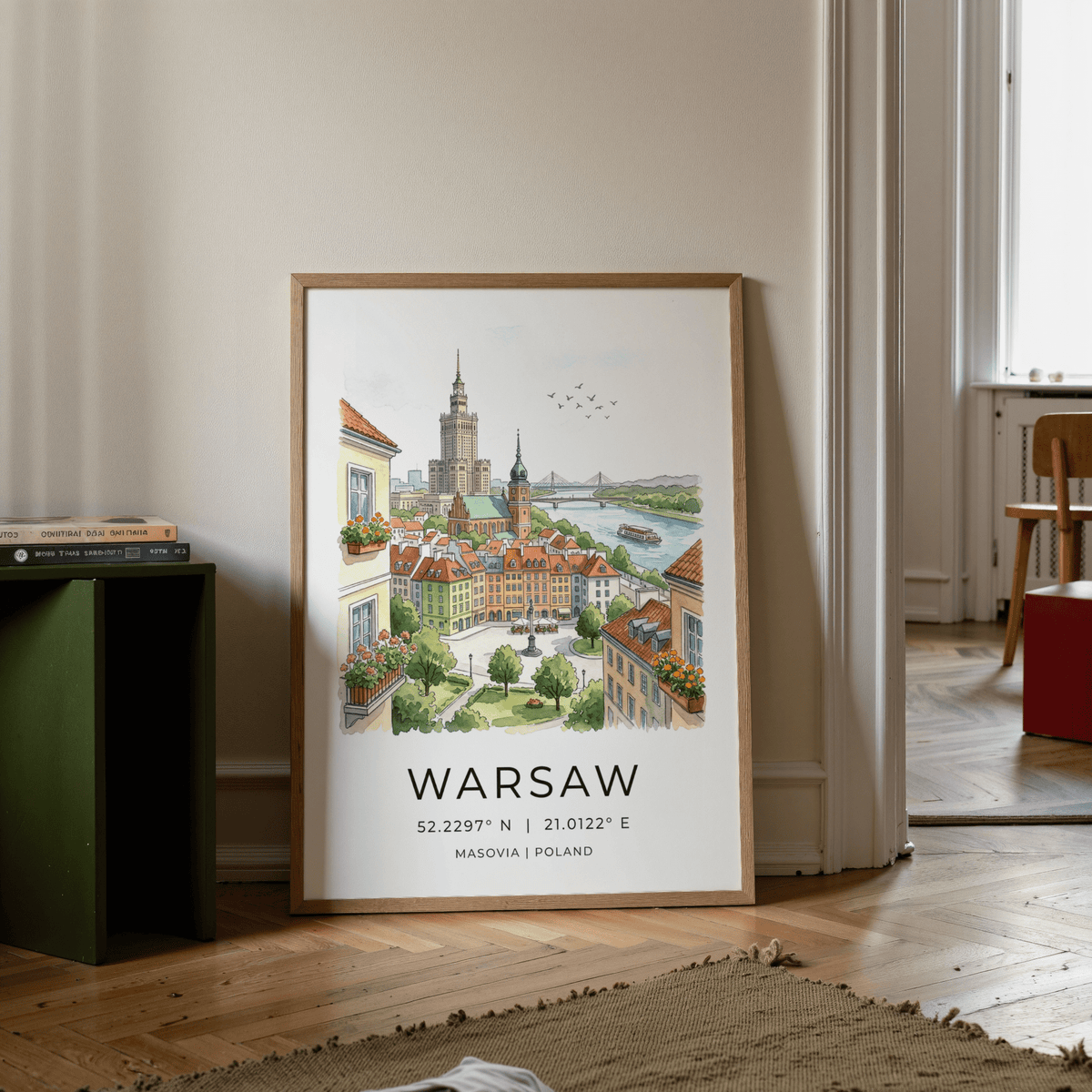 Travel poster of Warsaw featuring balcony flower boxes and layered rooftops