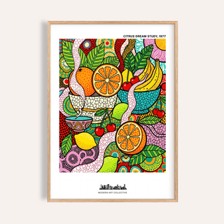 Colorful Fruit Art Print featuring oranges and bananas in bold outlines