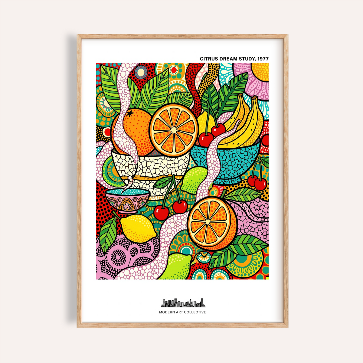 Colorful Fruit Art Print featuring oranges and bananas in bold outlines