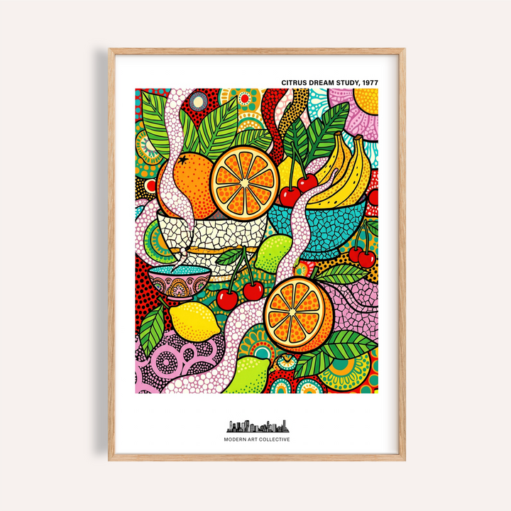 Colorful Fruit Art Print featuring oranges and bananas in bold outlines