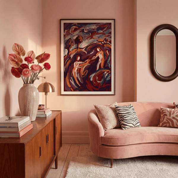 Close view of brush textures and color layers on couple themed abstract art