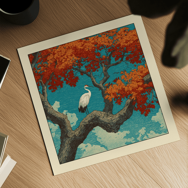 Hasui Kawase crane print close-up highlighting intricate bark lines and feather detail