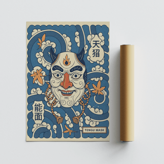Japanese-inspired tengu mask poster print with central face and waves wall art