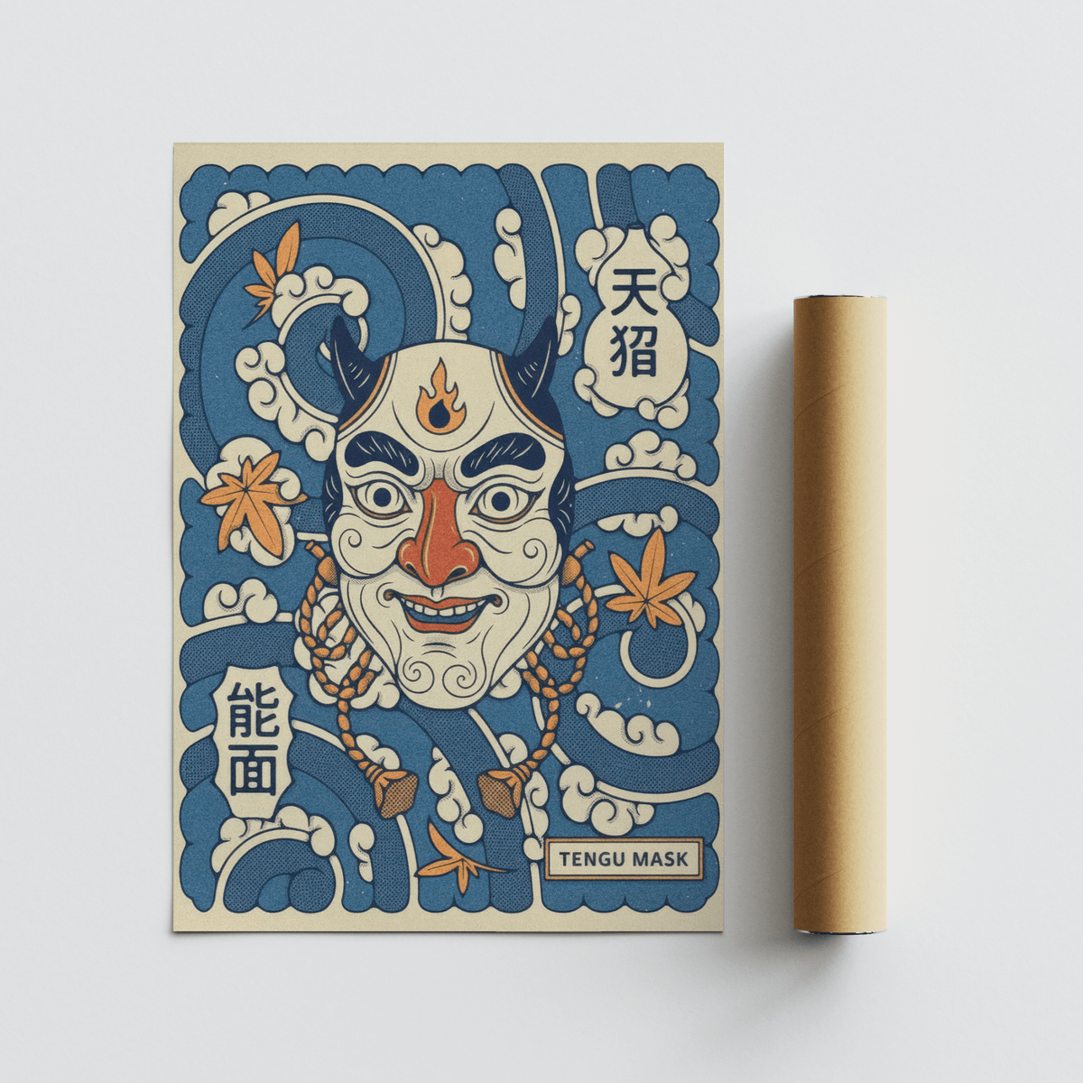 Japanese-inspired tengu mask poster print with central face and waves wall art