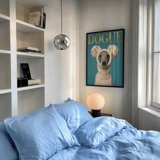 Fashion Dog Poster showcasing blue tones, beige sweater art print for modern living room