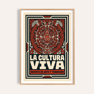 Framed Aztec Culture Art Print with red, black and cream folk-art style details on a wall