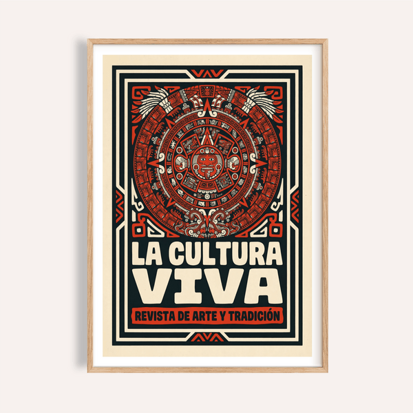 Centered Aztec Culture Art Print poster featuring radial calendar motif in red and black
