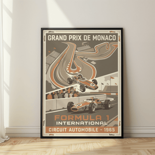Illustrated Monaco circuit wall art poster with Formula 1 International text and number 14 cars