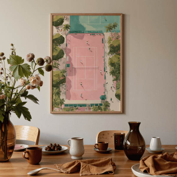 Minimal overhead sports poster featuring tennis players, court lines, and perimeter greenery