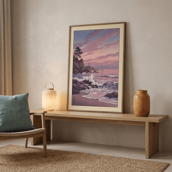 Minimal coastal illustration print of lighthouse, rocks, and rolling sea foam