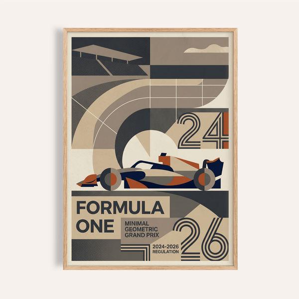 Geometric Formula One Art Print poster with stylized race car and large 24 and 26 numbers
