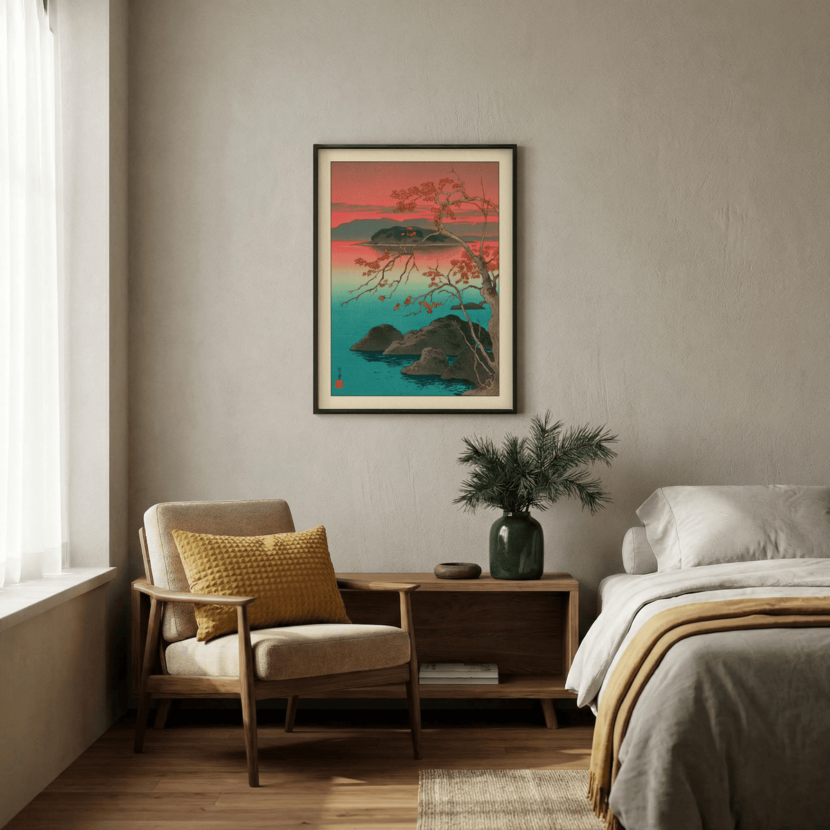 Corner capture of Hasui Kawase maple leaves print featuring artist seal
