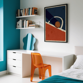 Minimalist court illustration in blue, orange, red, and beige