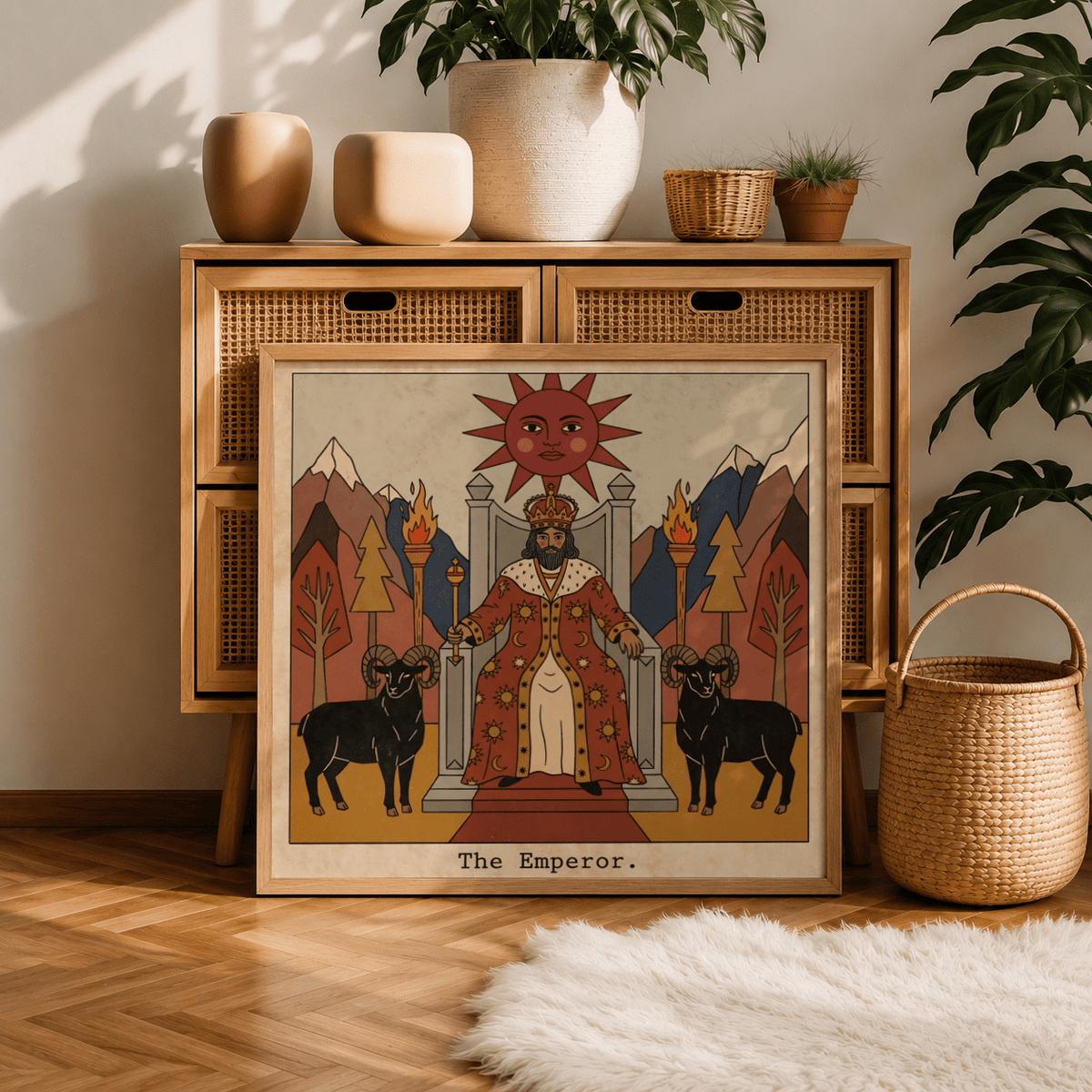 Tarot card style art print with crowned ruler, scepter, and sun and moon patterns