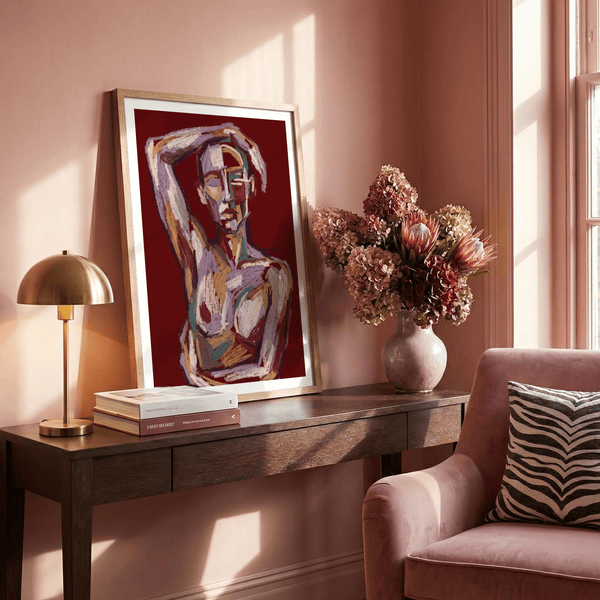 Bold figurative wall art print with simplified anatomy and strong strokes