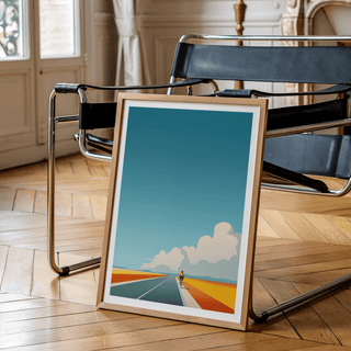 Centered highway perspective wall art print showing lone cyclist
