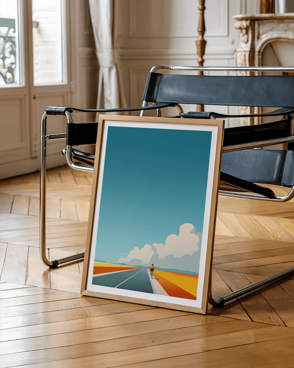 Centered highway perspective wall art print showing lone cyclist