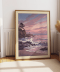 Illustrated headland scene of Lighthouse Sunset Wall Art with foamy waves