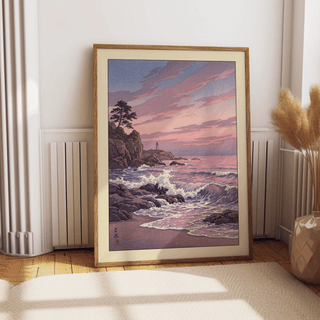 Illustrated headland scene of Lighthouse Sunset Wall Art with foamy waves