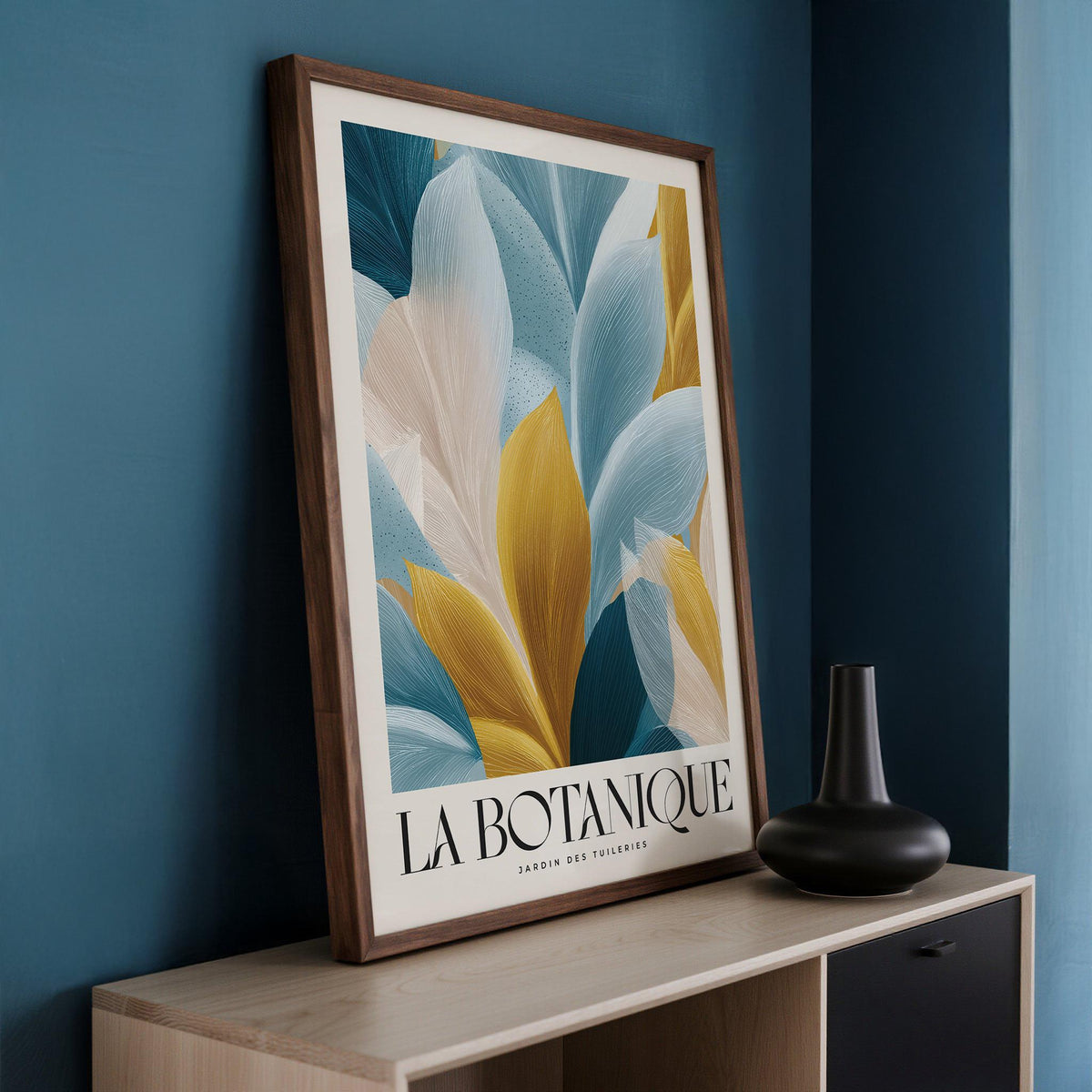 Leaf pattern artwork, wall art blue and gold in soft tones