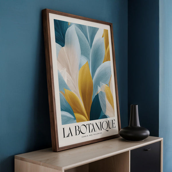 Leaf pattern artwork, wall art blue and gold in soft tones