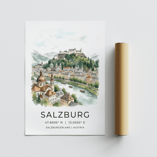Art print of domed church roof foreground against distant alpine backdrop