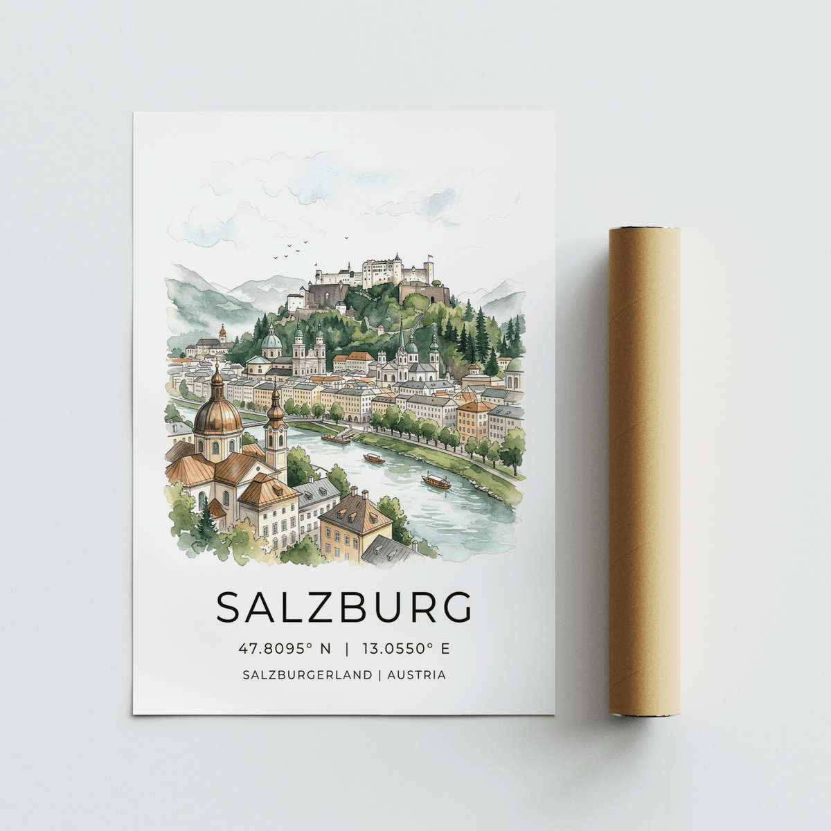 Art print of domed church roof foreground against distant alpine backdrop
