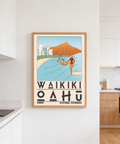 Typographic destination print reading WAIKIKI OAHU under volcanic silhouette