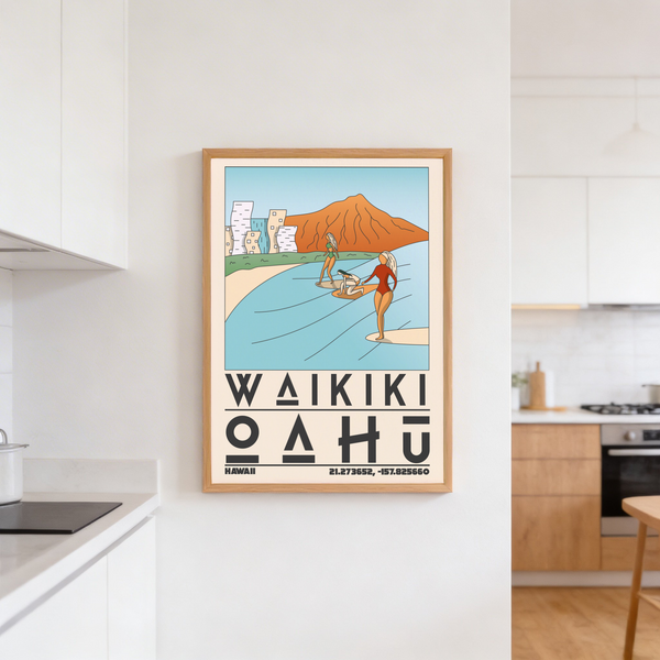 Typographic destination print reading WAIKIKI OAHU under volcanic silhouette