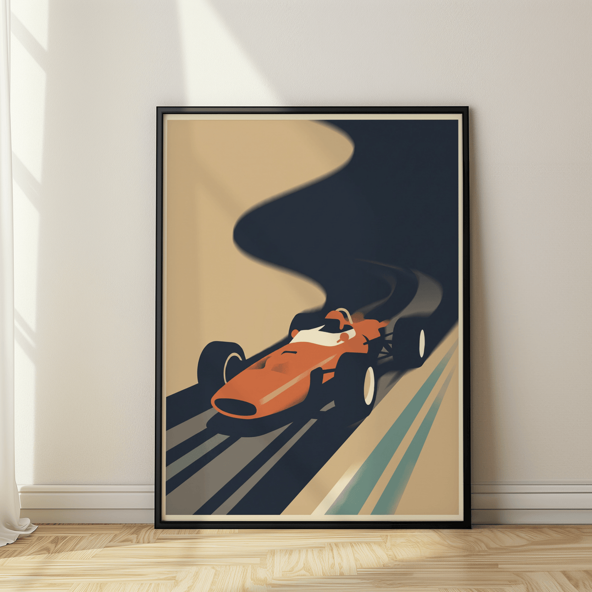 Bold single-seater race car print with long shadow and track bands