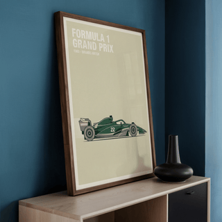 Wide negative-space racing poster print featuring a single-seater car silhouette