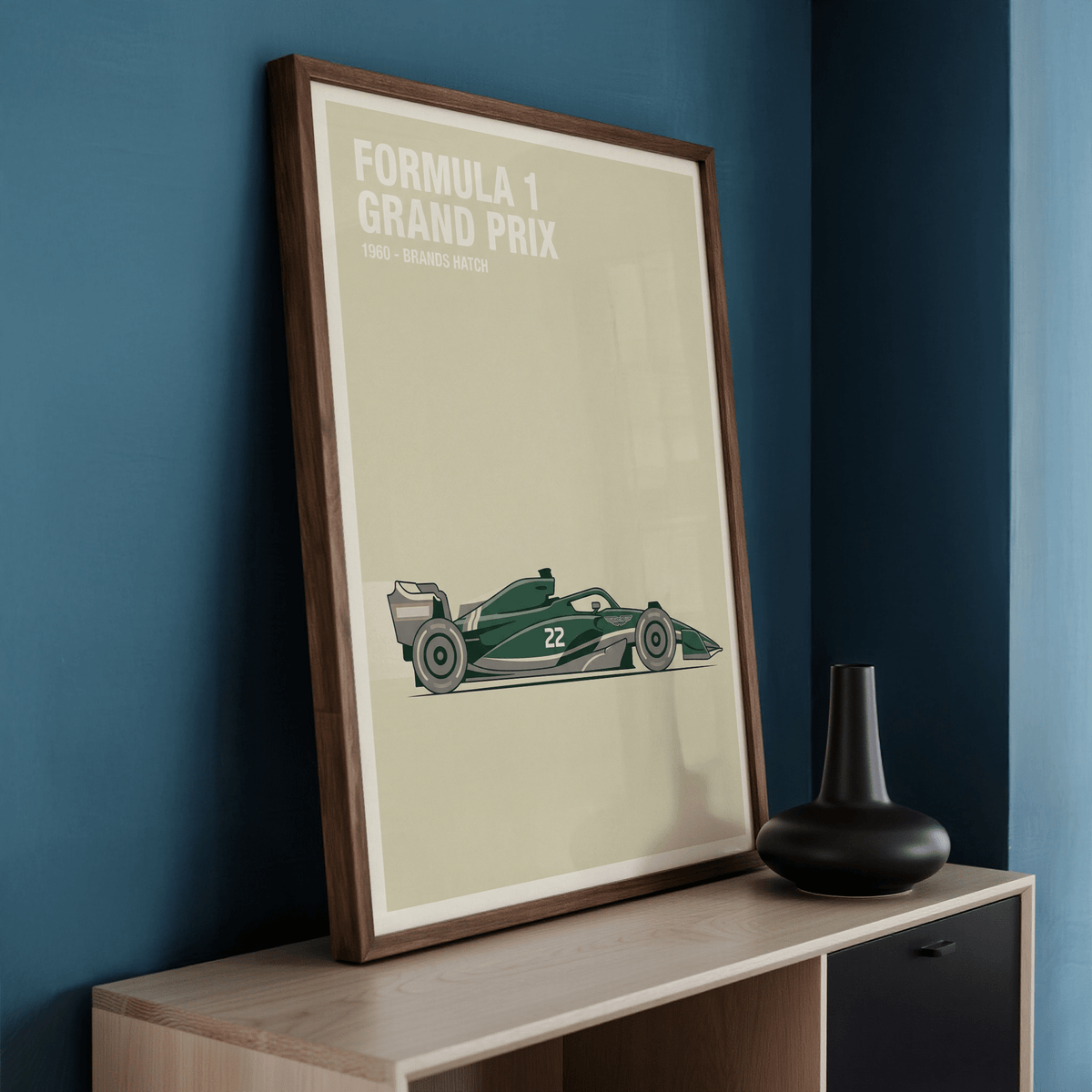 Wide negative-space racing poster print featuring a single-seater car silhouette
