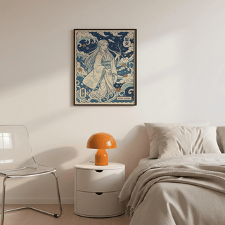 Japanese folklore print of a kimono-clad snow woman amid curling clouds