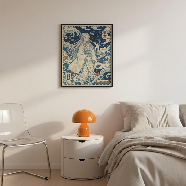 Japanese folklore print of a kimono-clad snow woman amid curling clouds