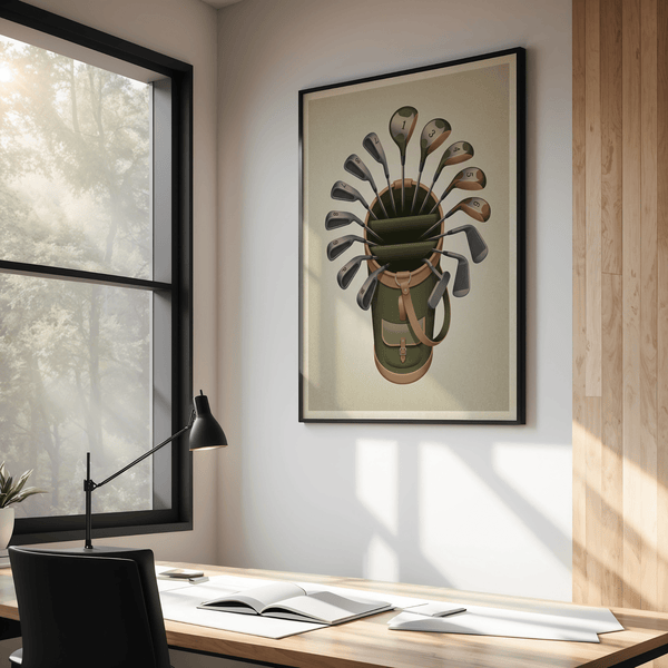 Top-view wall art print of a golf bag with radiating club shafts and a clean background