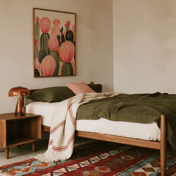 Pink Cactus Print nursery wall art with vivid green and orange cactus