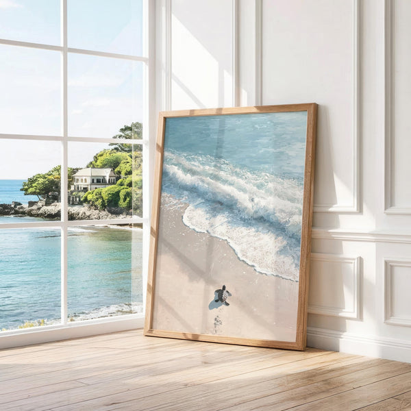 Beachside Turtle Print featuring sea turtle hatchling on shore.