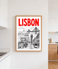 Wide view of Lisbon bridge and waterfront in travel poster wall art