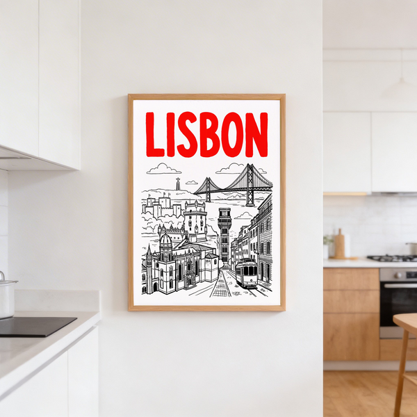 Wide view of Lisbon bridge and waterfront in travel poster wall art
