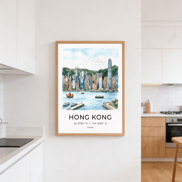 Harborfront Hong Kong Skyline Art Print wall art with sailboat, ferry, and promenade