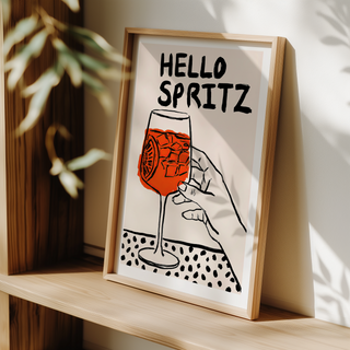Cocktail Art Print with HELLO SPRITZ text and illustrated spritz glass with ice cubes
