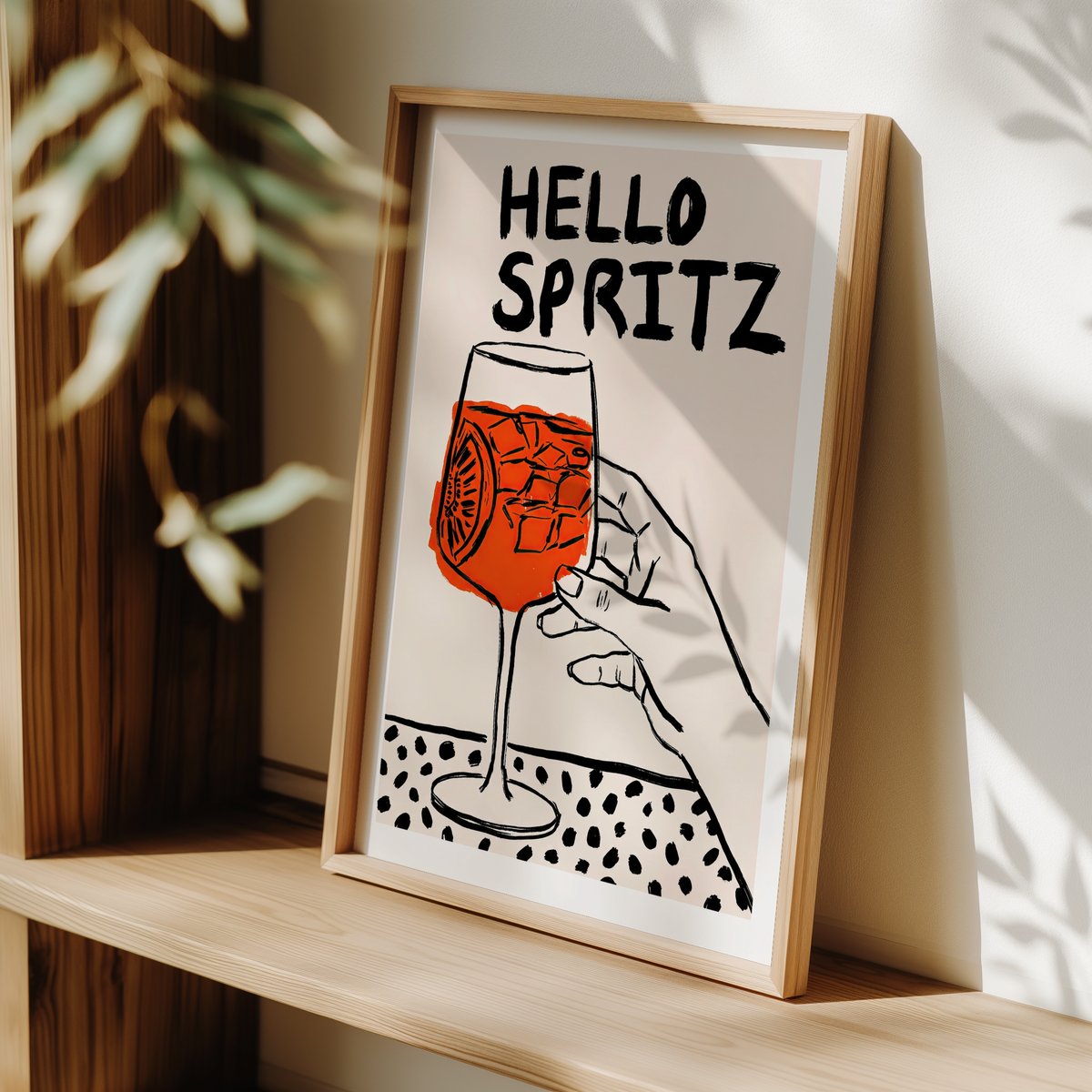 Cocktail Art Print with HELLO SPRITZ text and illustrated spritz glass with ice cubes