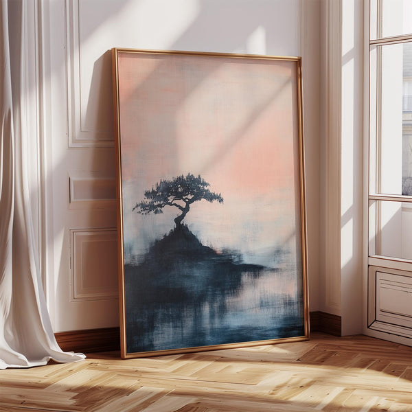 Japanese abstract art print featuring a bonsai tree on a misty blue mountain.