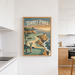 Torrey Pines Golf Wall Art print with bold title text and layered horizon