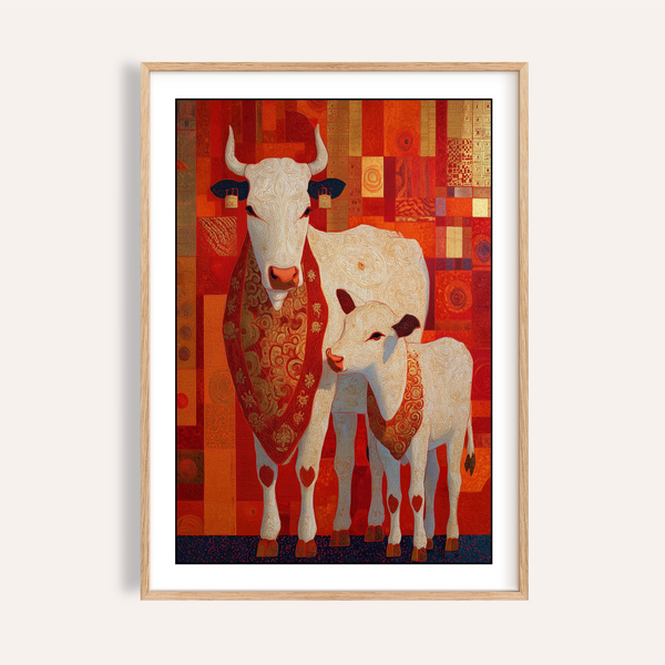 Sacred Cow Wall Art poster featuring white cow and calf on patchwork backdrop