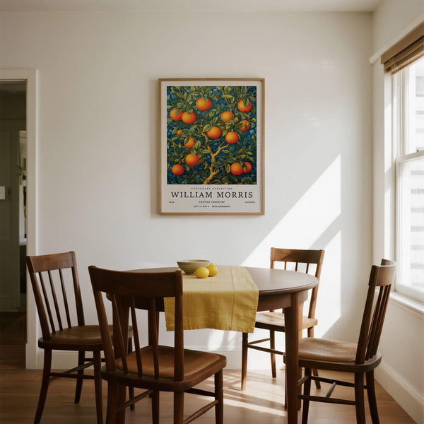 Citrus-themed illustration of orange tree with blue florals – Orange Tree Wall Art.